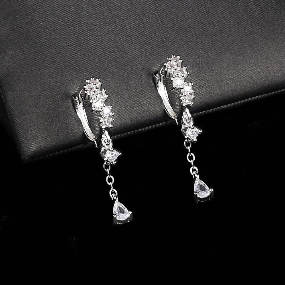 Sterling Silver Drop Dangle Earrings Cubic Zirconia Teardrop Hoop Jewelry
